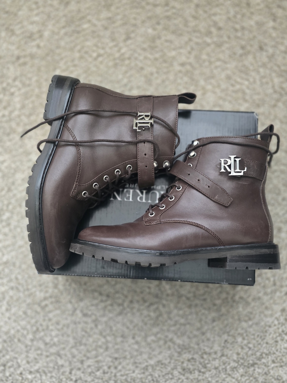 Ralph Lauren Dark Brown Leather Lace-Up Ankle Boots with RL Logo